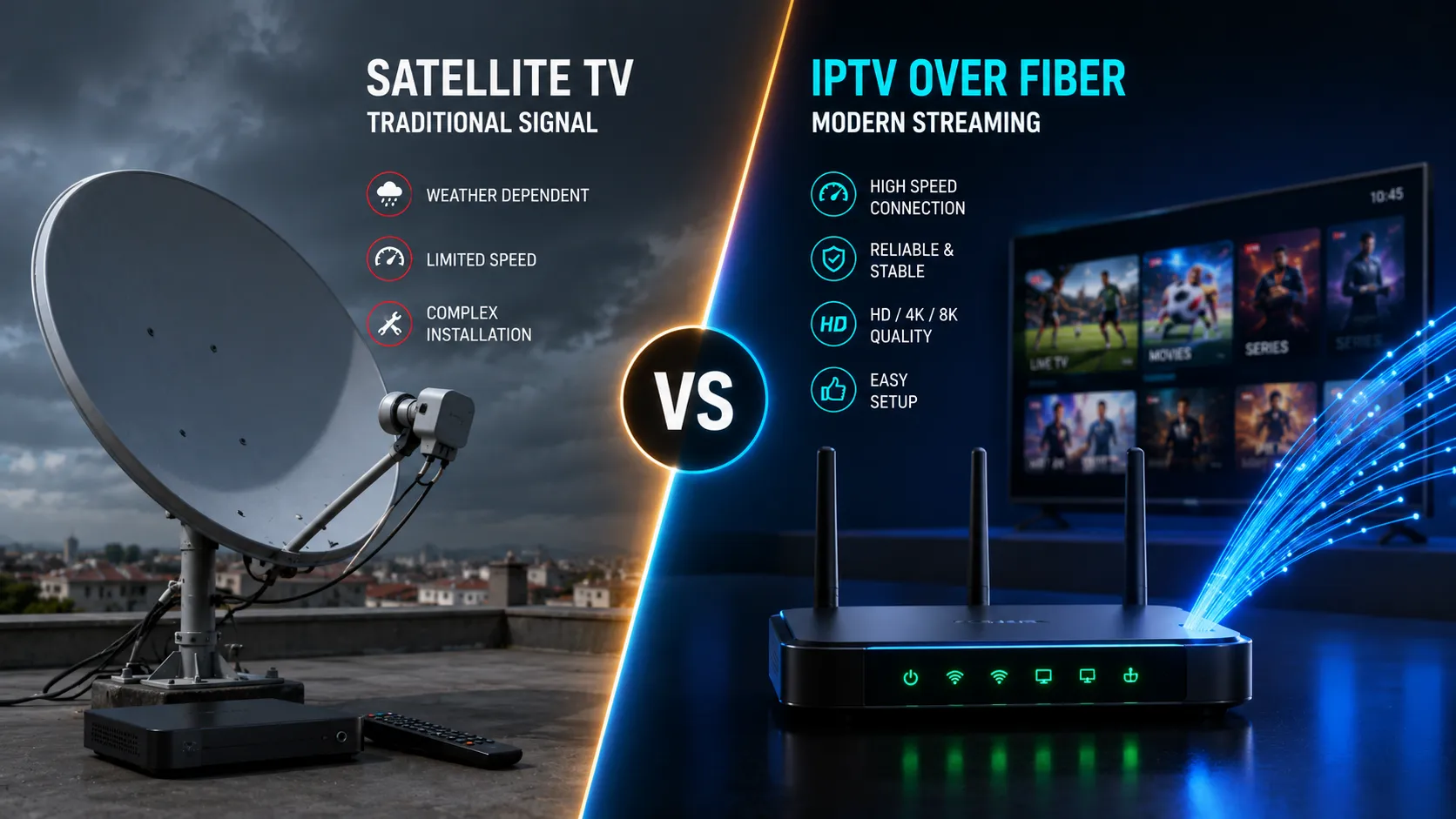 Checklist showing the key factors to evaluate when comparing IPTV providers: stability, EPG, device support, and customer service